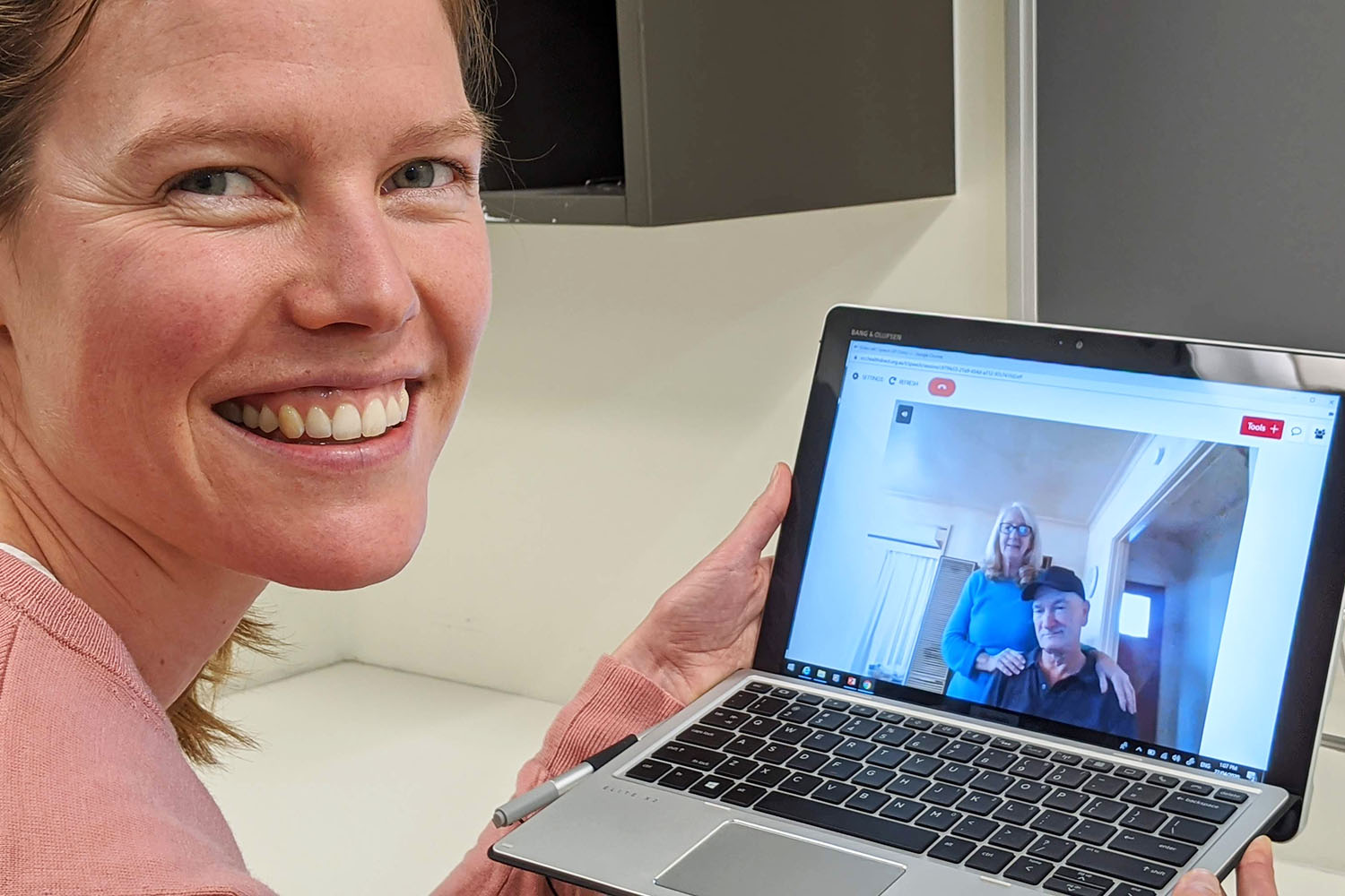 Telehealth session with speech pathologist Jemma Bear with patient George and wife Jenny