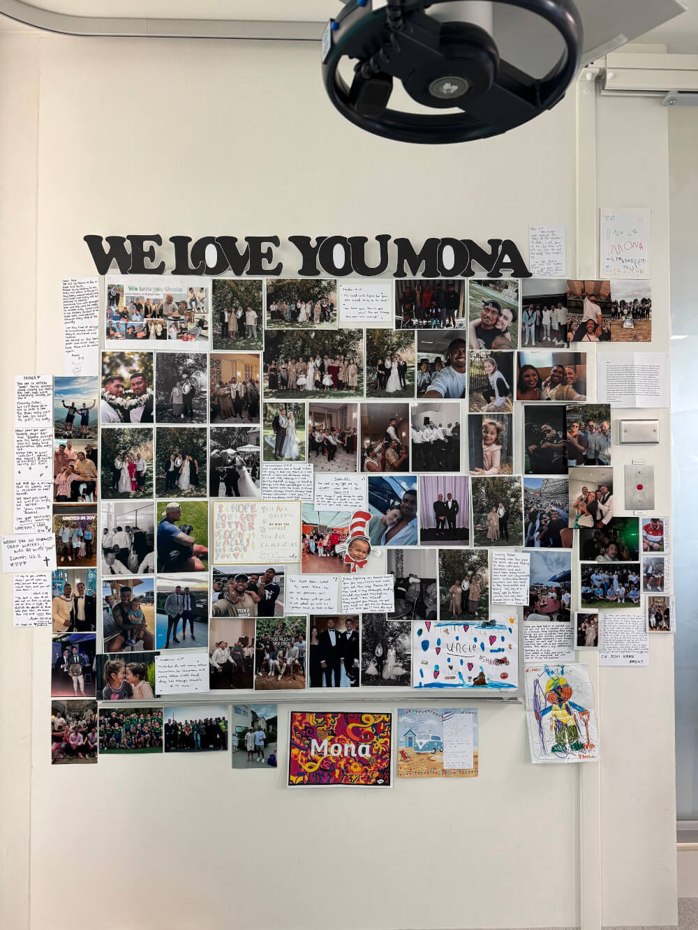 The photo wall in Mona's room at The Alfred ICU put together by Alanna