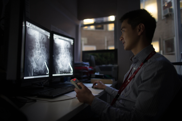 A doctor inspects patient scans.