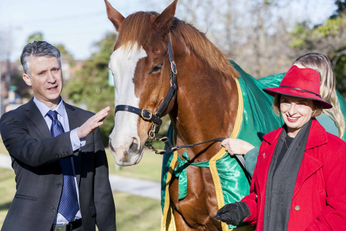 Clinical Services Director of Rehabilitation and Aged Care Andrew Perta and former jockey Leigh Woodgate with Apache Cat