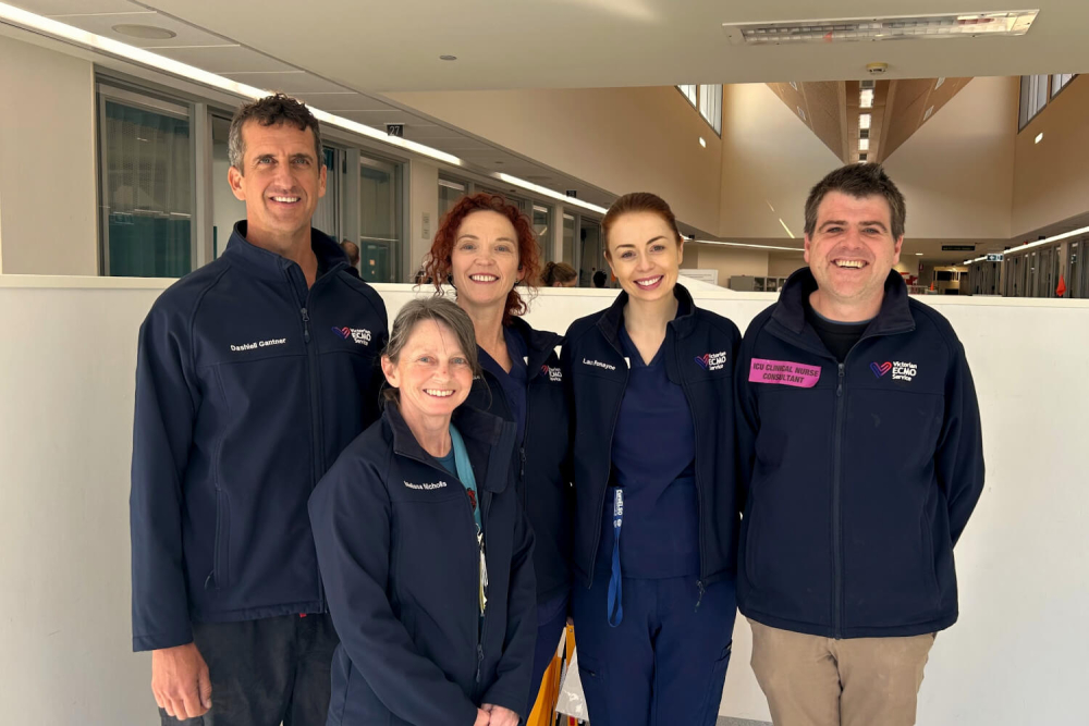 From left: ECMO Specialist Dr Dashiell Gantner, Clinical Nurse Specialist Melissa Nicholls, ECLS Nurse Consultant Jayne Sheldrake, ECLS Nurse Consultant Laura Ronayne and Associate Nurse Manager Malcolm Stewart