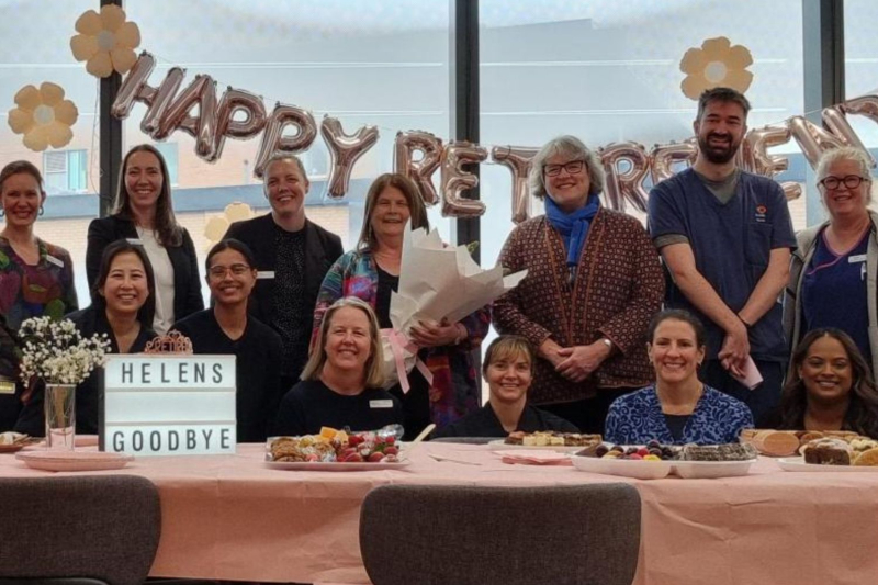 Helen Mott, retiring cancer nurse, is farwelled at morning tea with her team