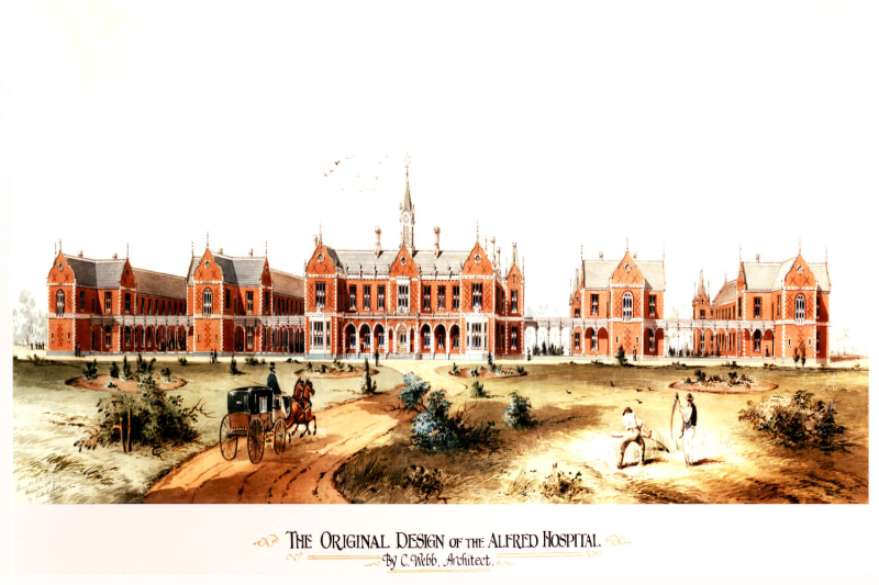 Architect C.Webb artist impression of the Original Alfred Hospital design. Five buildings made from redbrick with arched windows and 2 stories high. Horse and carriage on dirt road in the foreground.